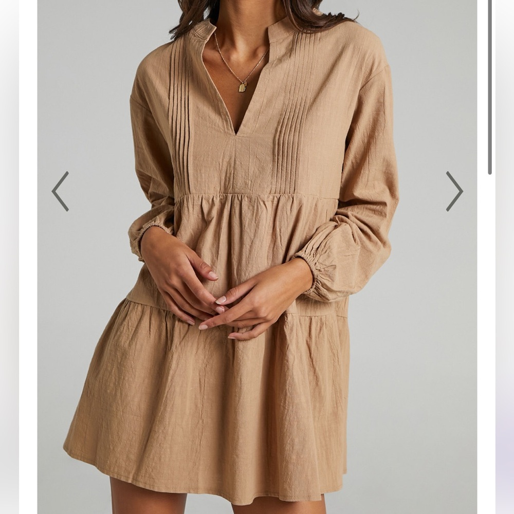 SHOWPO Long Sleeve Mini Dress in Beige